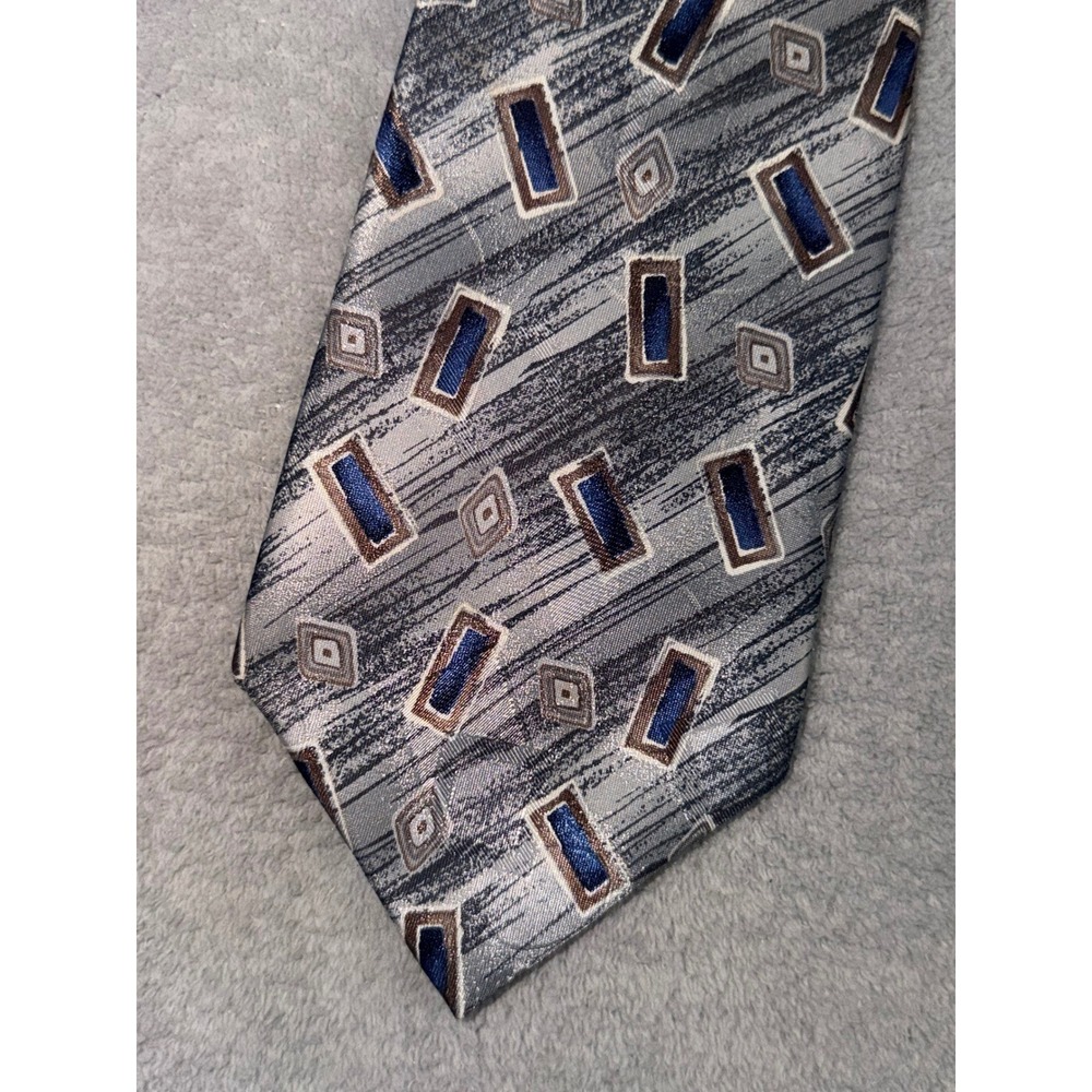 Don Loper Beverly Hills Mens Geometric Abstract Necktie Grey Blue Brown Tie